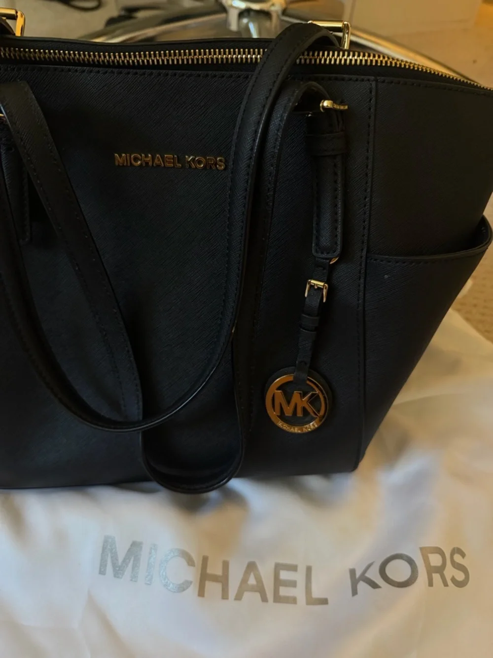Michael Kors Black Saffiano Leather Double-Handle Tote with Gold Hardware
